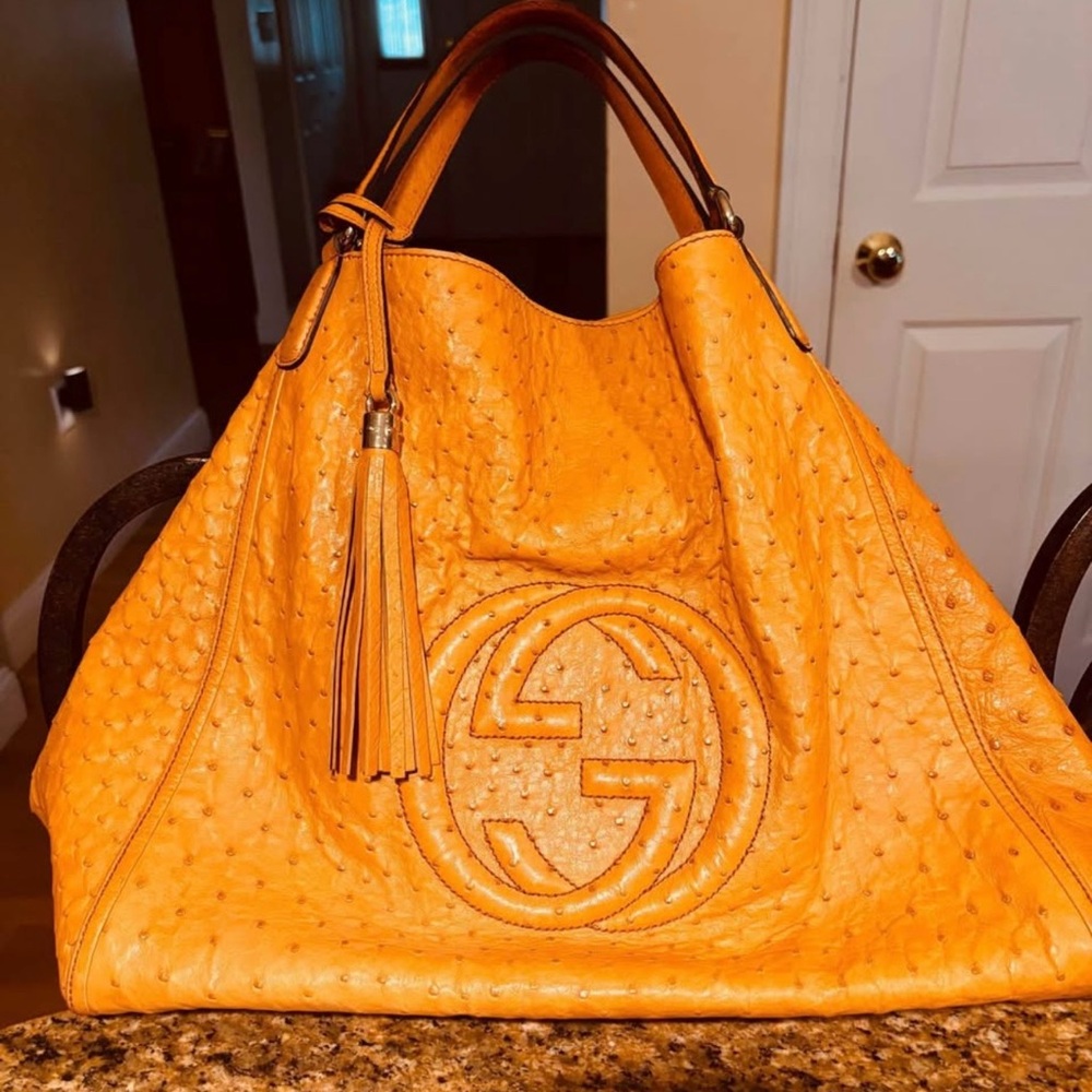 Gucci - real Ostrich-Effect Shoulder hobo with Tassel